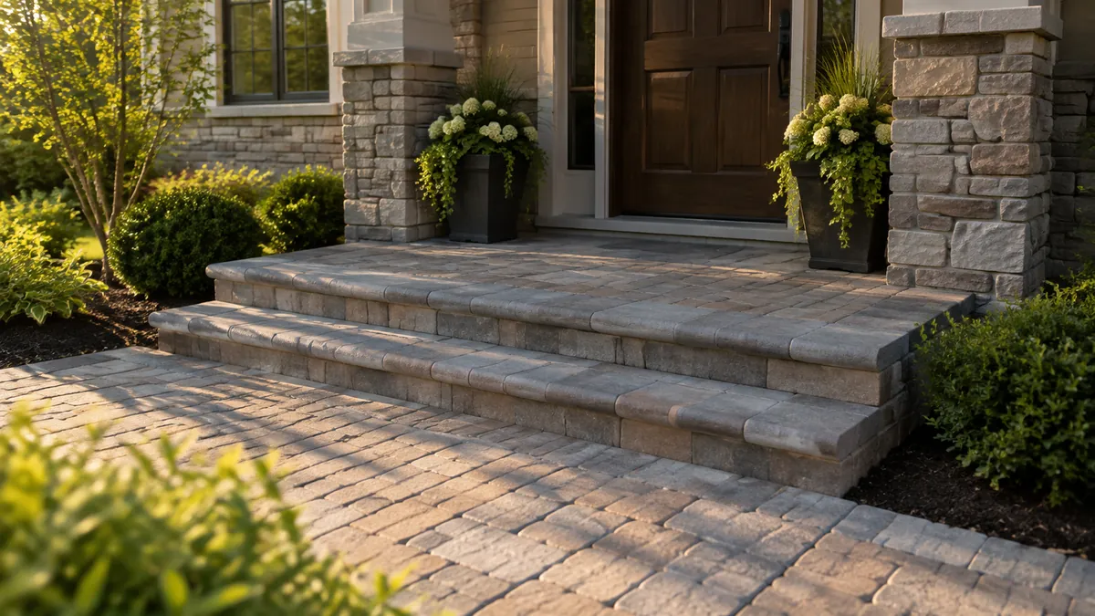 A paver entry landing at a front door with two steps capped in bullnose pavers, clean and dry in late afternoon light