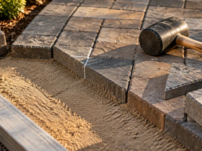 Close detail of a concrete paver cut clean along a chalk line on a smooth sand bed, with a rubber mallet and a few cut pieces resting beside it
