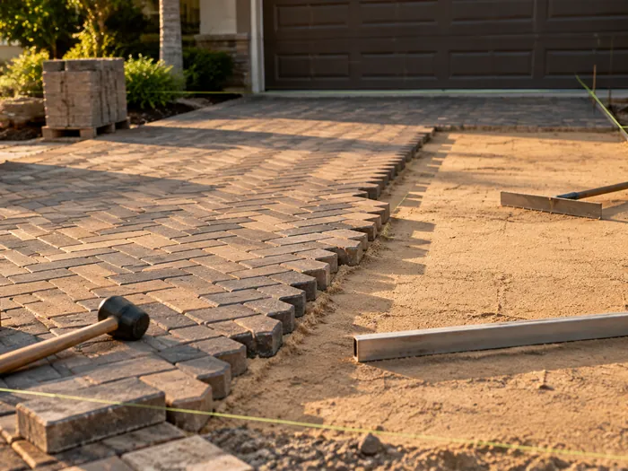 A driveway mid installation, with herringbone pavers laid over half of a screeded sand bed and string lines pulled tight above it