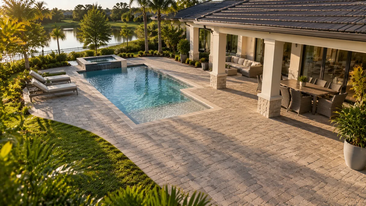 A wide view from above of a backyard where a finished paver patio runs into a paver pool deck in the same stone, in soft morning light