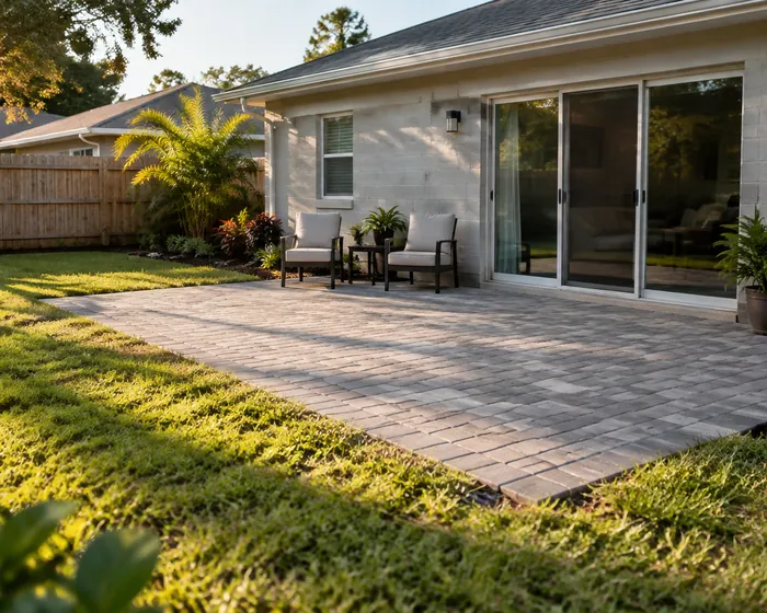 A gray paver patio running from sliding glass doors out to the lawn behind a single story house