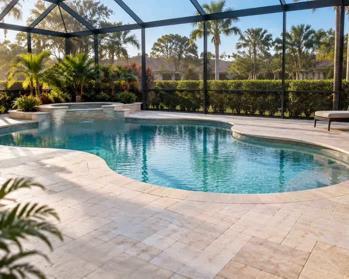 Ivory travertine pavers around a kidney shaped pool inside a screened enclosure