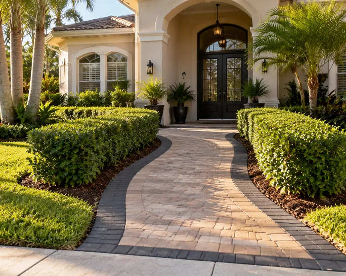 A curved front walkway of pavers with a contrasting border leading to a front door