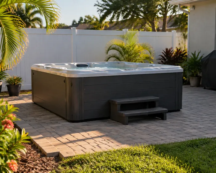 A hot tub set into a pad of textured non-slip pavers on a back patio