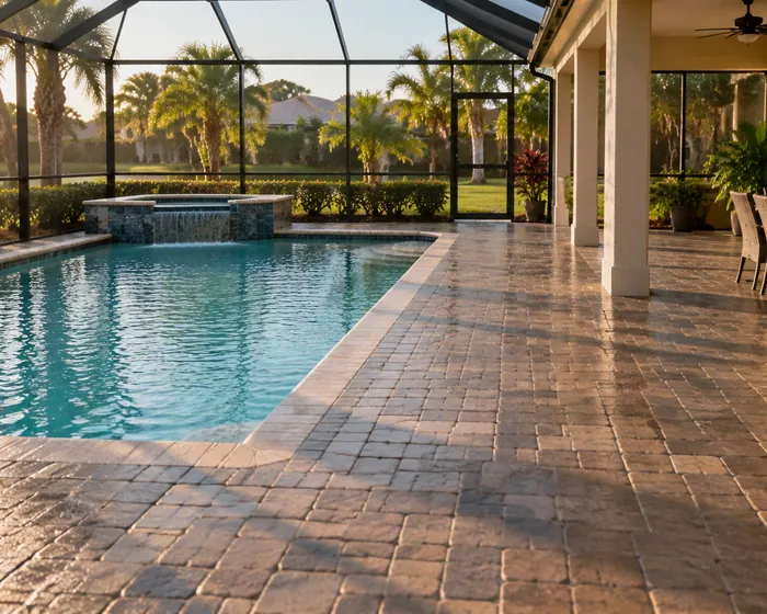 A paver pool deck with fresh sealer, the pavers deep in color with a light sheen