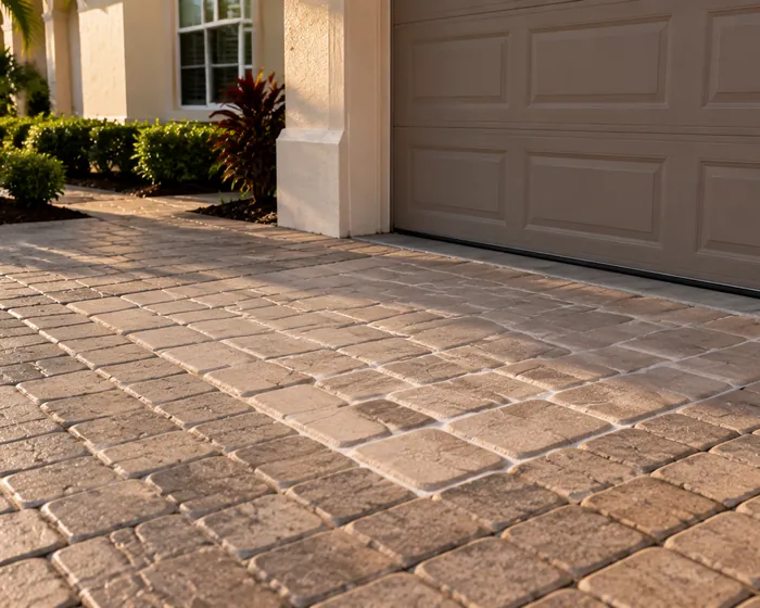 A section of a paver driveway relaid level, with lighter fresh joint sand than the rest
