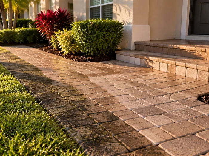 A paver walkway and entry steps washed clean, with one dark unwashed strip left along the lawn edge
