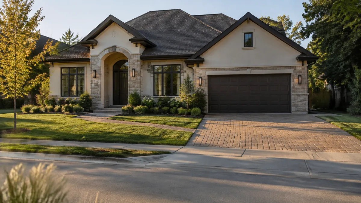A wide view from across the street of a whole house with a new paver driveway and front walkway in matching warm toned pavers, shot at midday